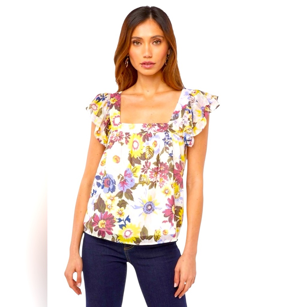 Just Fab Ruffle Short Sleeve Polyester Top Birch Multi Color size L